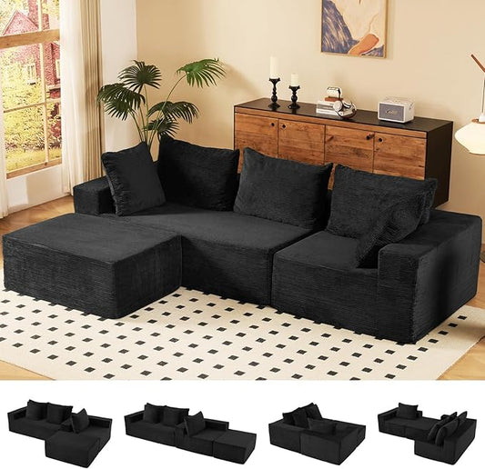 INGEROOM 108" Cloud Sectional Couch with L-Shape Chaise, Modular Sofa Memory Foam, Boneless Sofa with Movable Ottoman, Plush Corduroy Memory Foam Couch for Living Room, No Assembly, Black
