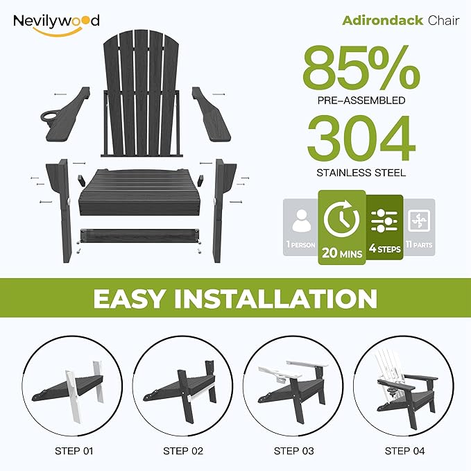 nevilywood Folding Adirondack Chair - Extended Ergonomic Backrest, Cup Holder - Easy Assembly - Durable HDPE Plastic, Weather Resistant & Maintenance-Free - Lawn, Patio, Deck Supports 380lbs Black