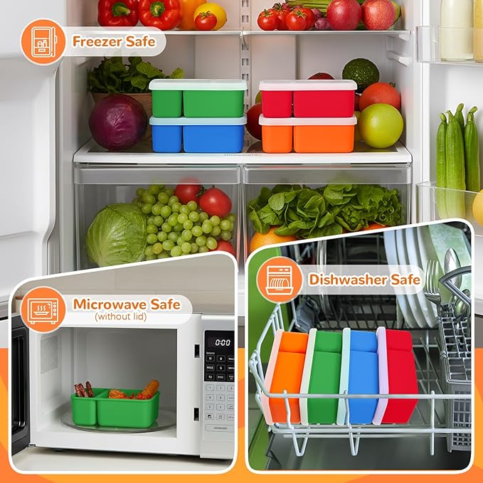 Roshtia 4 Pack Silicone Food Containers with Lids, Reusable Packs Bento Lunch Box for Meal Prep Food Storage, Microwave Dishwasher Safe(2 Compartment,Bright)