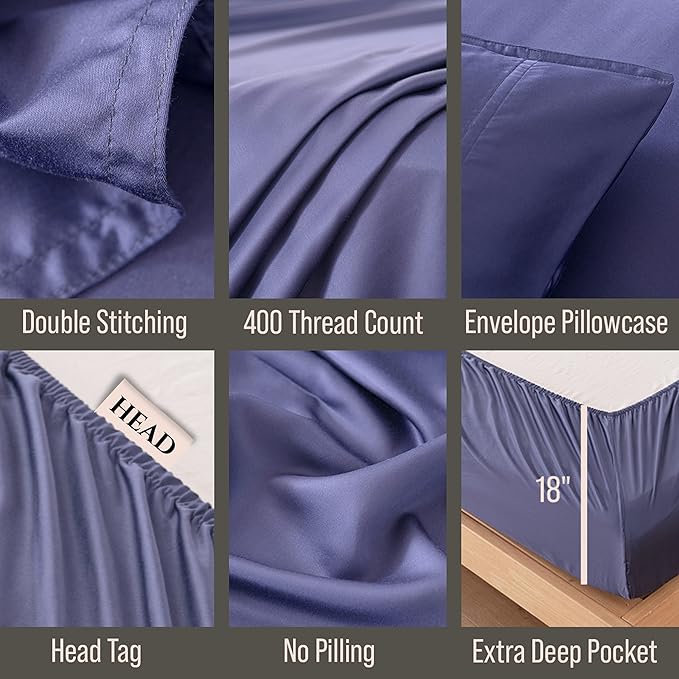 Bella Coterie 6 Piece Luxury Bamboo Viscose Queen Size Sheet Set | 100% Organically Grown | Cooling for Hot Sleepers | 18" Deep Pocket | Soft & Hypoallergenic | 4 Pillowcases [Twilight Blue]