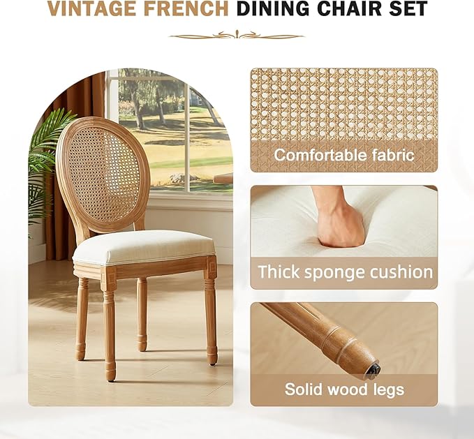 Nrizc French Country Dining Chair Set of 2, Vintage Chic, Upholstered and Carved Wooden Frames, Beige Linen Fabric, Lightweight and Sturdy, Ideal for Dining Room, Kitchen, Living Room, Bedroom