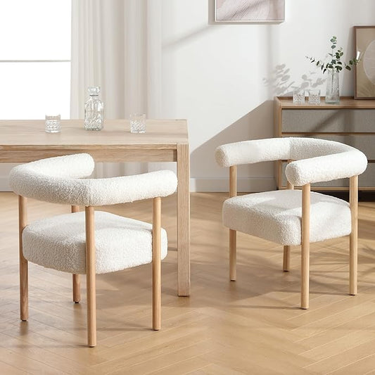 White Boucle Dining Chairs Set of 2, Modern Upholstered Dining Chairs, Curved Backrest Kitchen Dining Room Chairs Accent Chairs Arm Chairs with Natural Wood Legs