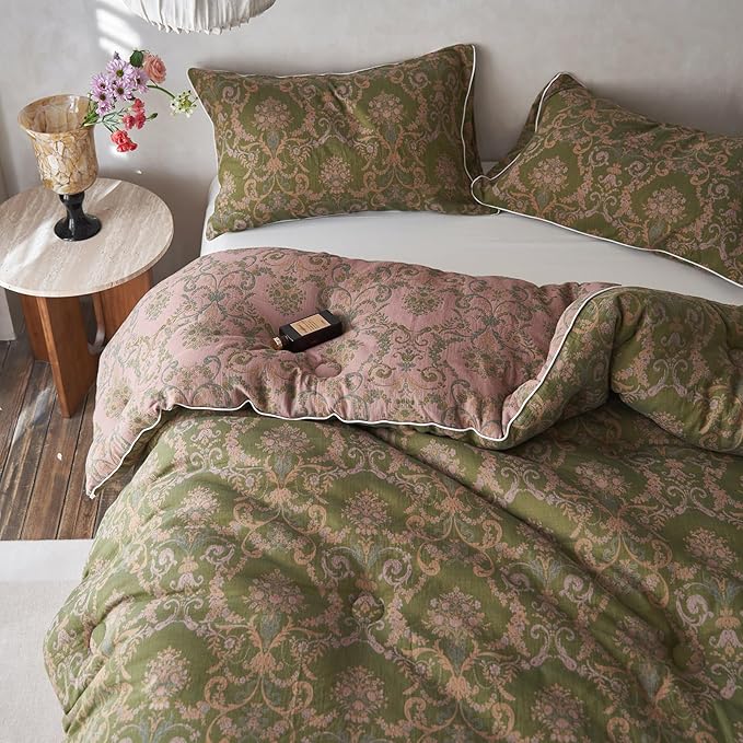 EAVD Paisley Floral Comforter Set King Soft 100% Muslin Cotton Boho Green Bedding Set with 2 Pillowcases Vintage Floral Botanical Comforter Set for All-Season