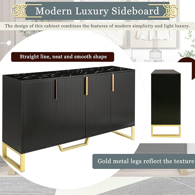 Modern 60'' Large Storage Cabinet Sideboard, Wooden Console Table Kitchen Buffet Cabinet with Metal Handles & Legs and Adjustable Shelves for Living Room Kitchen Entryway (Black-1)