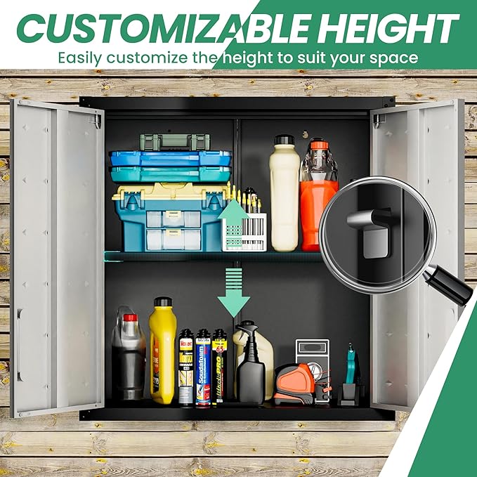 Wall Cabinet, Wall Mounted Cabinet with Lock and Adjustable Shelf for Garage, Tool Room, Kitchen, Assembly Required(Black and Gray)