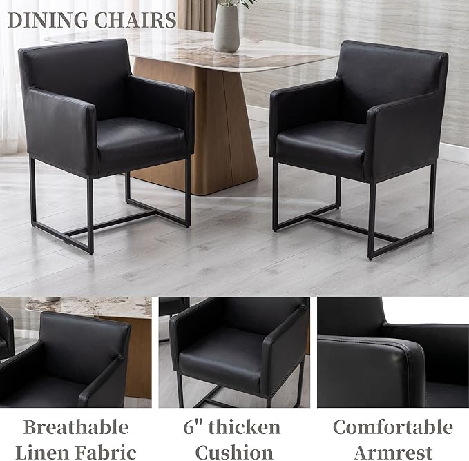 Set of 4 Upholstered Dining Chairs with Armrest, PU Leather Modern Accent Armchairs, Kitchen & Dining Room Chairs Side Chairs, Black