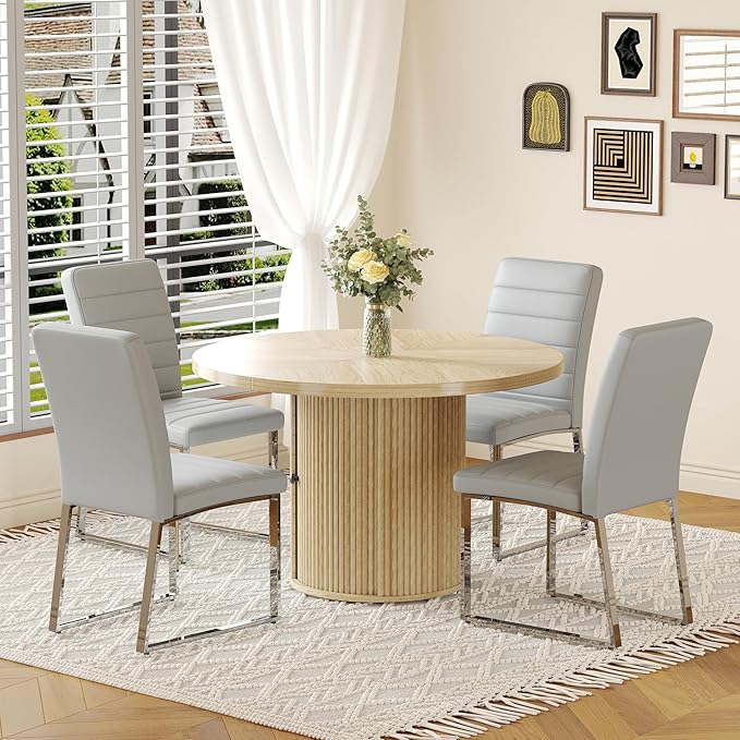Modern Dining Chairs Set of 4, White Faux Leather Kitchen Chairs, Upholstered Armless Dining Room Chair with Gold Mental Legs Heavy Duty, Comfortable (Grey Chiars, Set of 4)