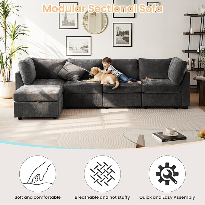TEKAMON 96" Modular Sectional Sofa with Ottoman,Large Comfy Cloud 3-Seat Deep Seat, Reversible Chaise Modular Sectional Couches for Living Room and Apartmenr,Grey
