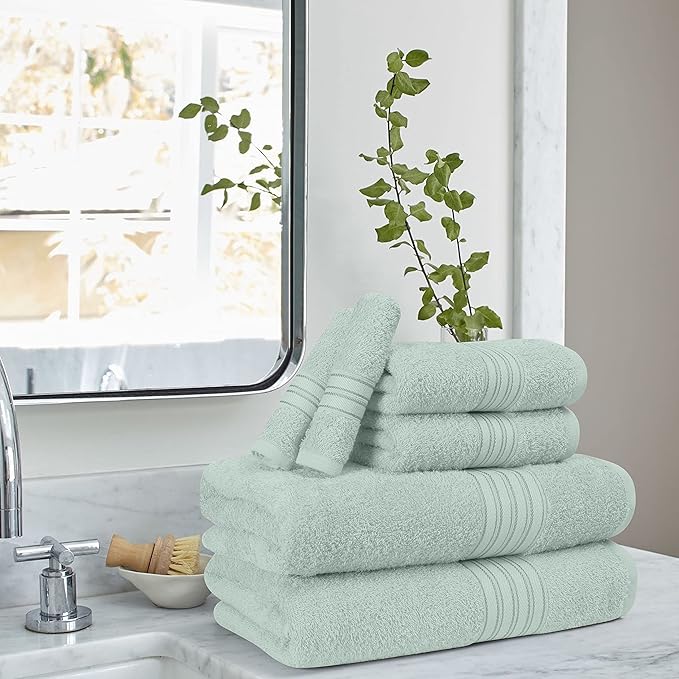 BOUTIQUO 6 Pack Cotton Towel Set, Contains 2 Bath Towels 28x55 inch, 2 Hand Towels 16x24 inch & 2 Wash Coths 12x12 inch, Ideal Everyday use, Ultra Soft Compact & Lightweight - Sea Green