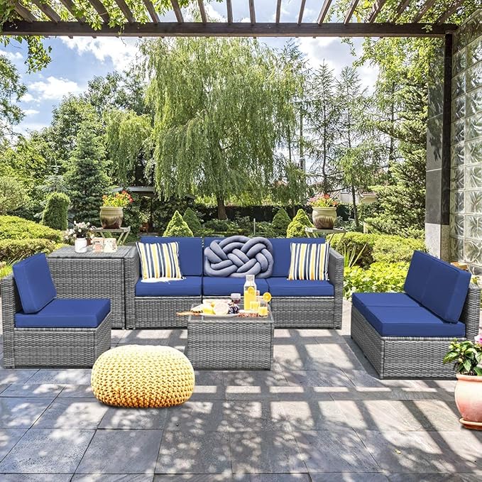 HAPPYGRILL 8 Pieces Patio Furniture Set Outdoor PE Rattan Conversation Set with Storage Box, Sectional Wicker Sofa Set with Coffee Table and Cushions for Garden Backyard