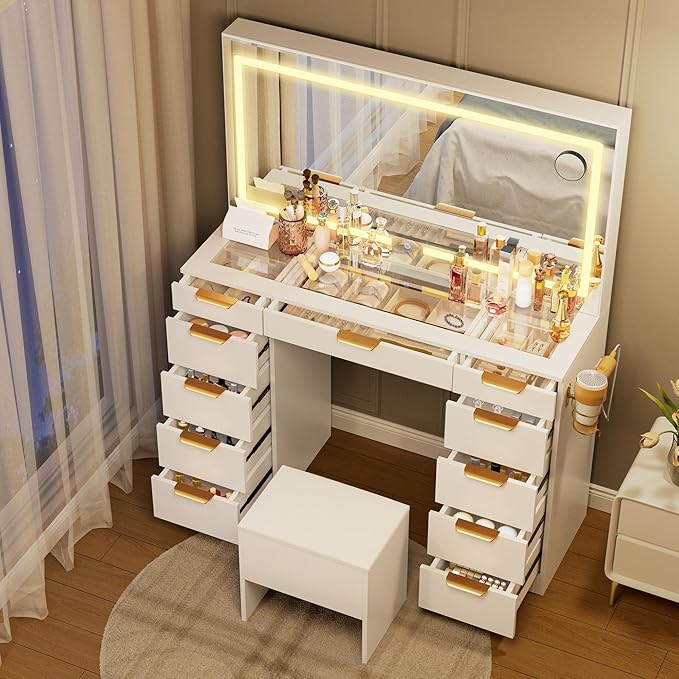 Pamapic 11 Drawers Makeup Vanity with Mirror and Chair, Glass Top Vanity Desk with Power Outlet, 3 Lighting Modes Dressing Table with Golden Handles, Silent Slides and Portable Mirror, White