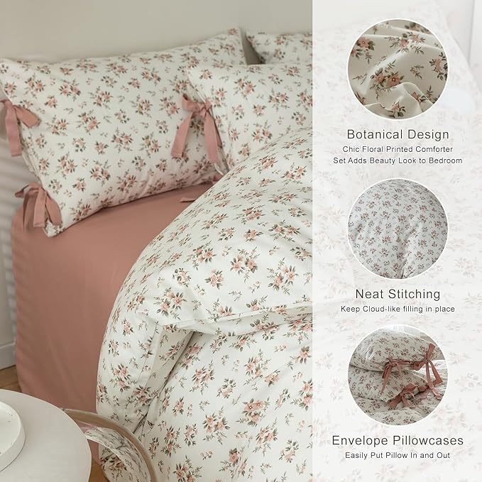 EAVD Vintage Style Pink Floral Comforter Set Queen Girls White Fluffy Microfiber Chic Garden Floral Bedding Set with 2 Pillowcases Reversible Fresh Botanical Comforter Set for All-Season