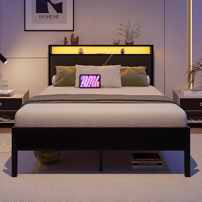 Full Size Bed Frame with LED Lights, Upholstered Headboard with Storage Shelves&Charging Station, Heavy Duty LED Bed Frame Full Mattress Foundation No Box Spring Needed, Noise Free,Grey