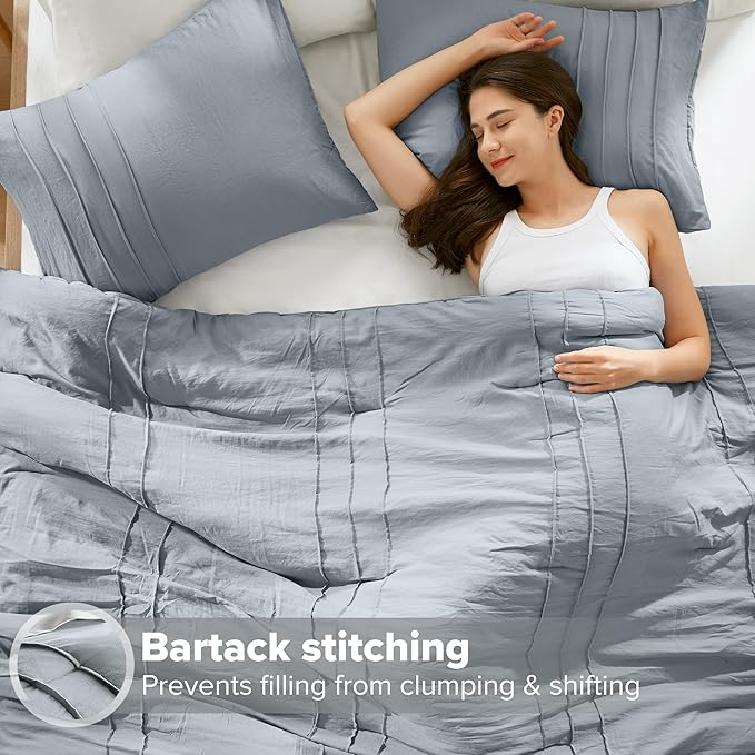 Comfort Spaces Blue/Grey Cal King Size Comforter Set - 3 Pieces Pintuck Pleated Bedding Sets, All Season Lightweight, Extra Softness Pre-Washed Microfiber Cal King Bed Set, Shams, Cal King