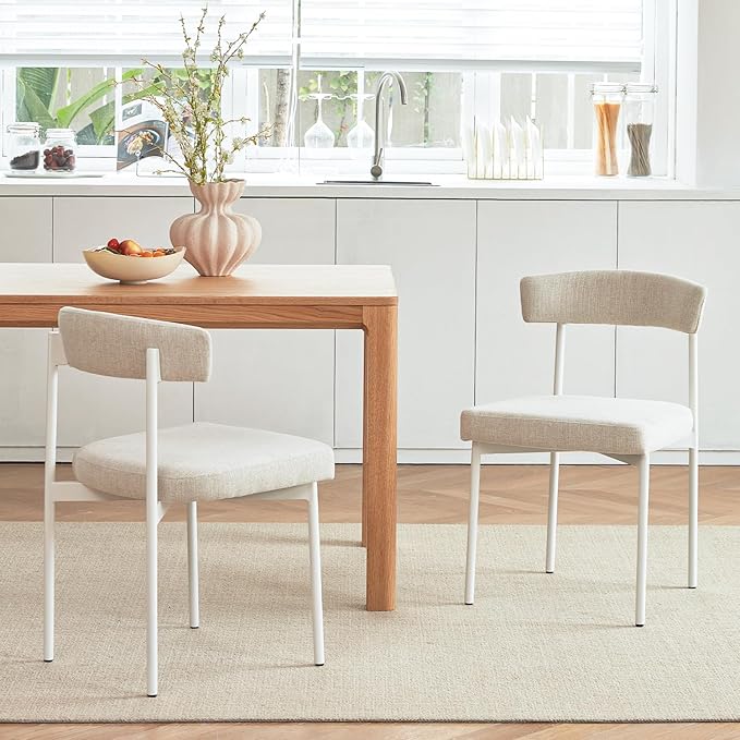 Beige Fabric Dining Chairs Set of 2, Armless Upholstered Kitchen Chair,Modern Dining Room Chair with Curved Backrest