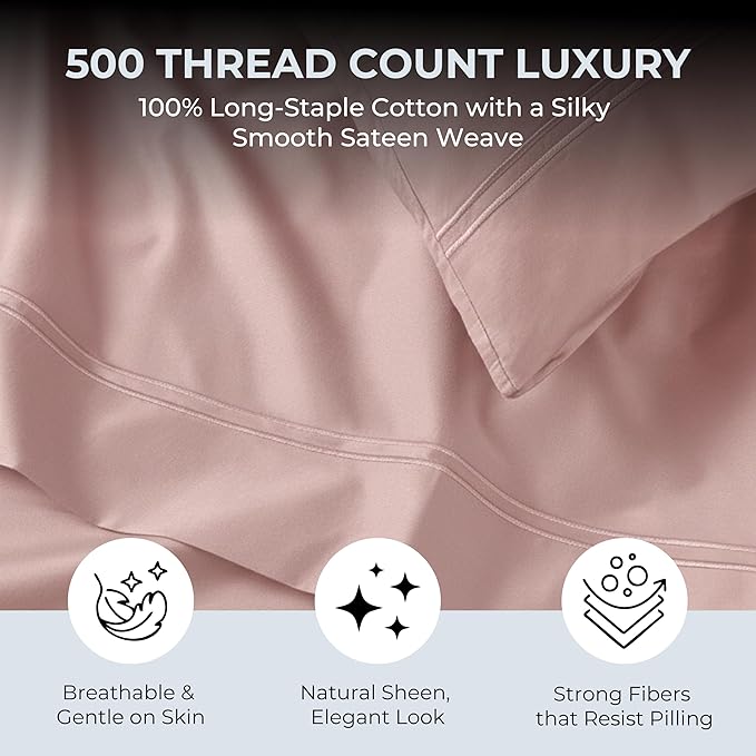 100% Natural Cotton Sheets Queen Size Bed Set | 500 TC Single-Ply Sateen Weave | Soft, Breathable, Hypoallergenic Solid 4-Piece Bedding with Deep Pocket Fitted, Flat, Pillowcase | Blush