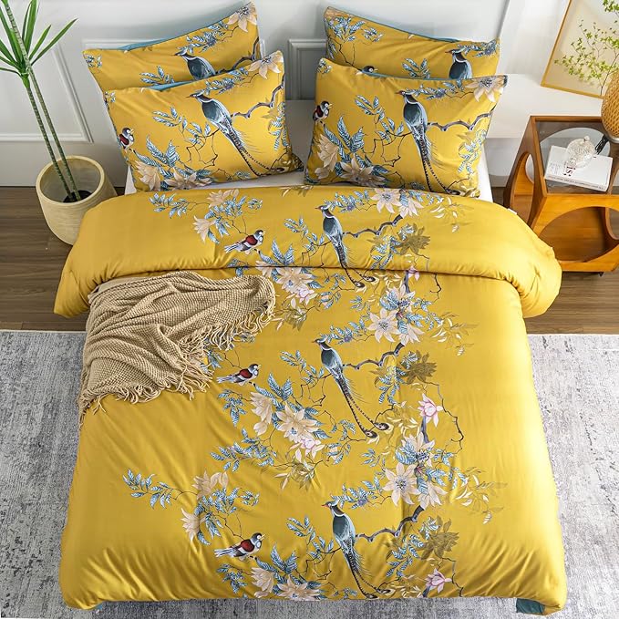 King Size Floral Comforter Soft Cute Floral Bedding Comforter Sets Garden Style Tree Branches Flowers Birds Print Botanical Comforter Set for All Seasons 1 Comforter and 2 Pillowcases