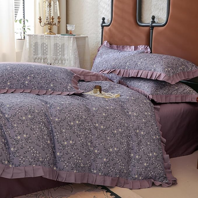 Purple Ruffle Duvet Cover King 100% Cotton Daisy Flower Comforter Cover Boho Cottagecore Bedding Set Vintage Floral Quilt Cover Romantic Ruffle Comforter Cover Botanical Floral Duvet Cover Set King