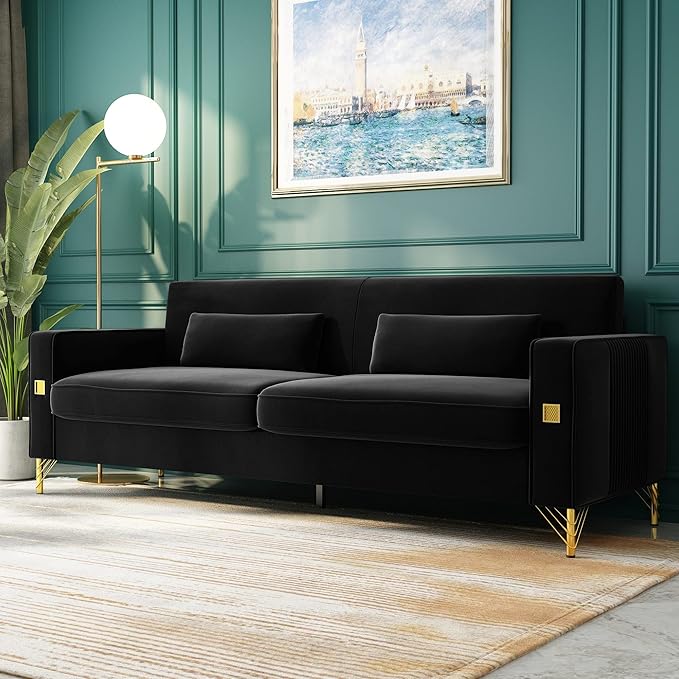 85.63" Velvet Sofa,Modern Loveseat Couch with Pillows Set of 2 for Living Room,Bedroom,Apartment Furniture with Gold Metal Legs (Black)