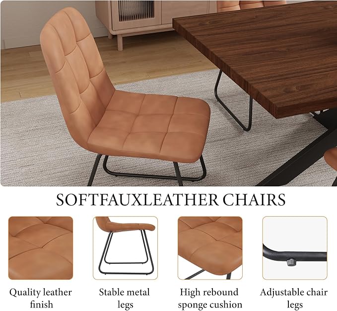 5-Piece Dining Table Set with 51"-67" Extendable Walnut Wood Table and 4 Brown PU Leather Chairs, Modern Rectangular Kitchen Table Set with Metal Legs, Space Saving Dining Room Furniture for 4