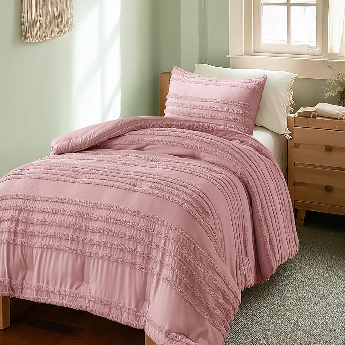 BEDELITE Boho Twin/Twin XL Comforter Set，Dusty Pink Tufted Striped Bed Set 2 Pieces, Soft Vintage Farmhouse Comforter for College, Boho Home Dorm Decor, Fluffy Jacquard Bedding with 1 Pillow Sham