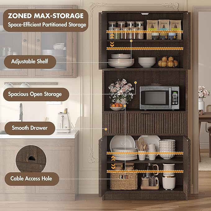 IDEALHOUSE Tall Storage Cabinet, 70" Kitchen Pantry Cabinet with Doors, Fluted Kitchen Hutch Cupboard with Microwave Shelf & Drawer, Freestanding Cupboard for Dining Room, Living Room, Brownish Red