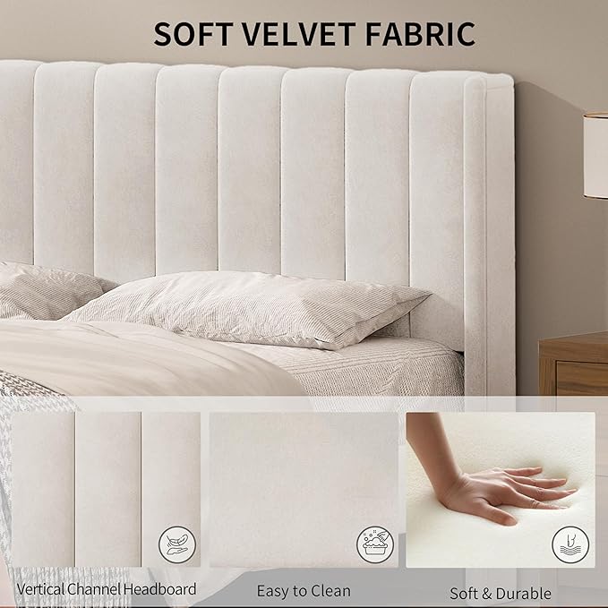 Queen Size Upholstered Platform Bed Frame with Modern Wingback & Vertical Panel Headboard, Velvet Fabric, Wooden Legs & Slats Support, No Box Spring Needed, Noise-Free & Easy Assembly, Cream
