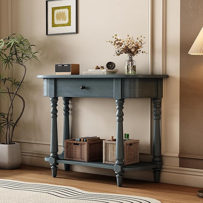 HMFULE Retro Curved Console Table, 36" Solid Wood Half Moon Console Table Sofa Table Entryway Table with 1 Drawer 1 Open Shelf Roman Legs Curved Corners for Living Room,Entryway,Hallway,Navy