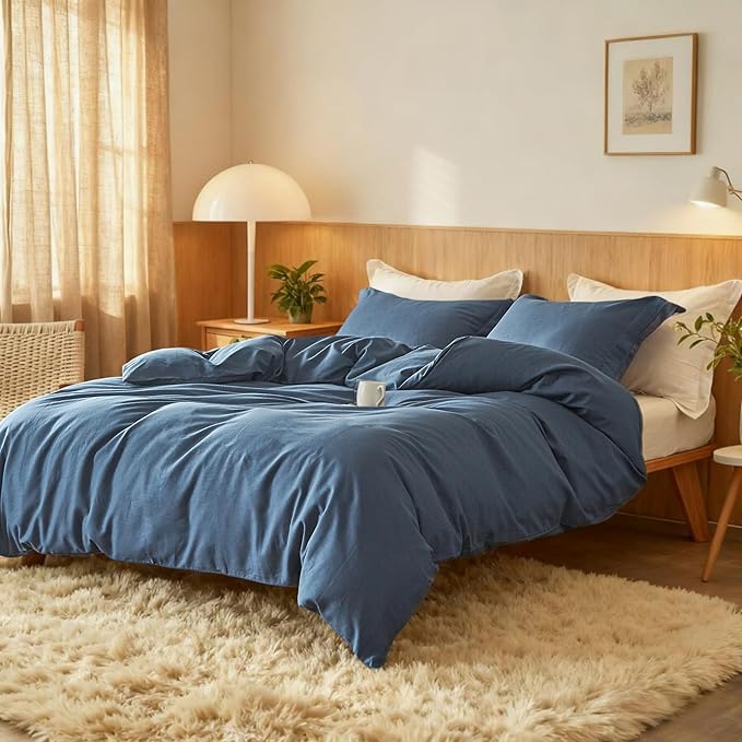 Simple&Opulence French Linen Duvet Cover Set 104"x 92"- 3 Pieces (1 Comforter Cover,2 Pillowcases)-Natural Flax Cotton Blend-Solid Color Breathable Farmhouse Bedding-Navy Blue, King