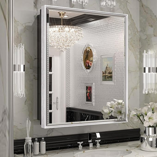 Keonjinn 21" x 27" Medicine Cabinet for Bathroom, Silver Recessed or Surface Wall-Mounted Aluminum Alloy Framed Beveled Mirror with Storage, Mirrored Cabinets with 2 Adjustable Shelves for Bath Modern