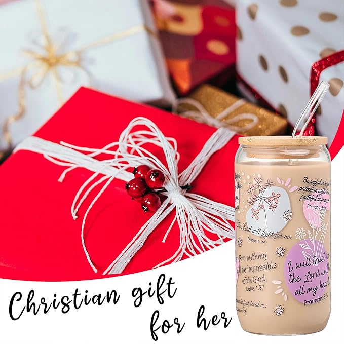 16oz Bible Verse Coffee Mug for Women – Christmas Christian Gifts, Daily Bible Affirmations Glass Tumbler with Straw – Inspirational Religious Coffee Cup for Birthday, Mother’s Day, or Faith Lovers