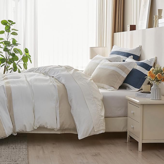 Simple&Opulence French Linen Duvet Cover Set with Stripe 104”x92”, 3 Pieces(1 Comforter Cover and 2 Pillow Shams) Rustic Natural Flax Cotton Blend(King,White and Linen)