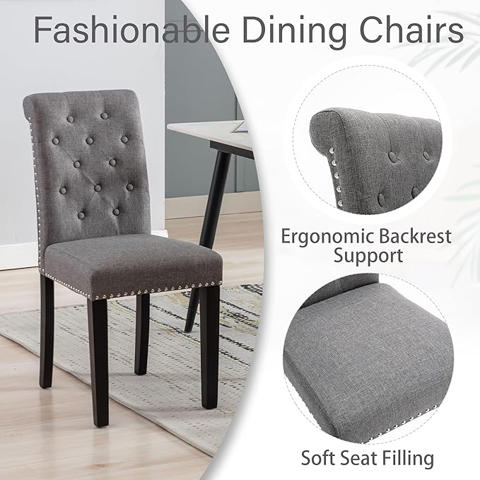 Westice Dining Room Chairs Set of 2 Upholstered Fabric Kitchen Chairs Dining Room Side Chair with Nailhead Trim and Rubber Wood Legs for Small Space Apartment, Gray