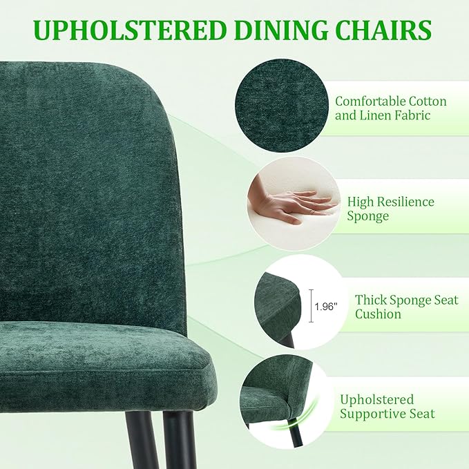 Upholstered Dining Chairs Set of 8, Mid Century Modern Fabric Dining Room Chair High-Back Padded Kitchen Chairs with Padded Seat and Metal Legs for Kitchen Dining Room Restaurant Cafe, Green
