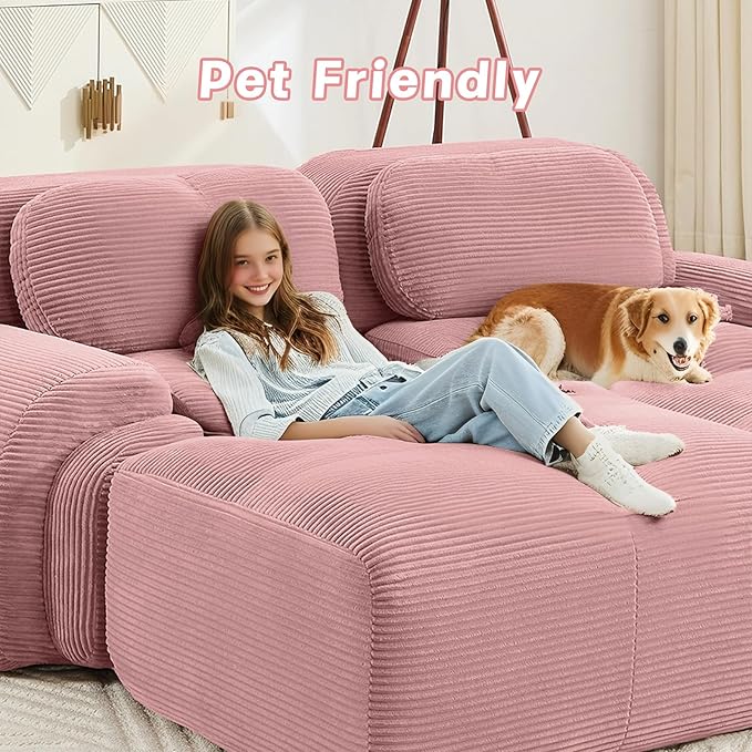 116" Modern Compressed Boneless Couch, 3 Seater Sectional Couches for Living Room, Pink Corduroy Cloud Modular Sectional Sofa, Comfy Memory Foam, Extra Deep, Sofas para Sala, No Assembly