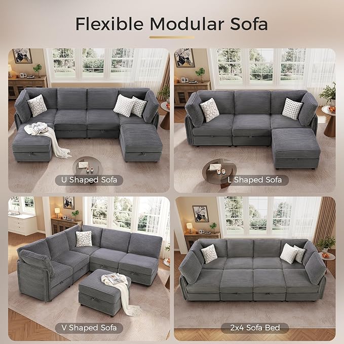 KKL Modular Sectional Sofa L-Shaped 4 Seater Couch with Storage Ottoman, Plush Wide-Wale Corduroy Couch for Living Room, Apartment, Modern Design, Gray