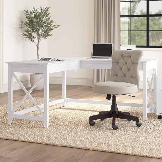 Bush Furniture Key West 60W Modern Farmhouse L Shaped Desk in Pure White Oak, 60-Inch Corner Computer Table for Home Office Workspace