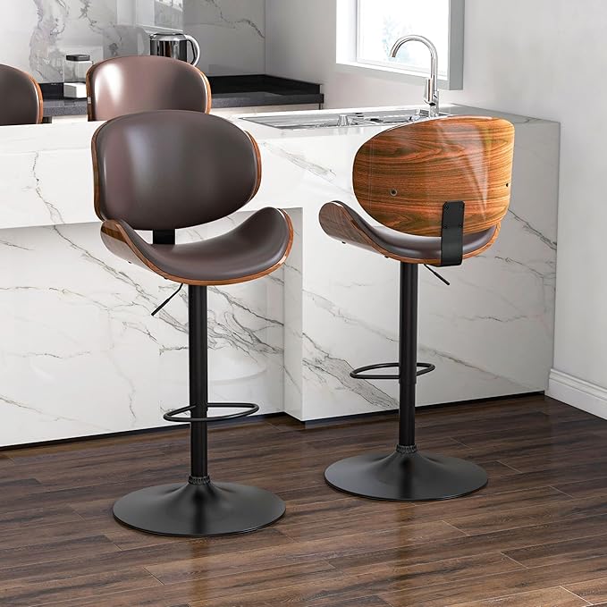 Adjustable Swivel Bar Stools Set of 2, Modern Bentwood Barstool with Large Metal Base and Footrest, PU Leather Upholstered Bar Chair with Curved Back for Kitchen Island Dining Room, Brown