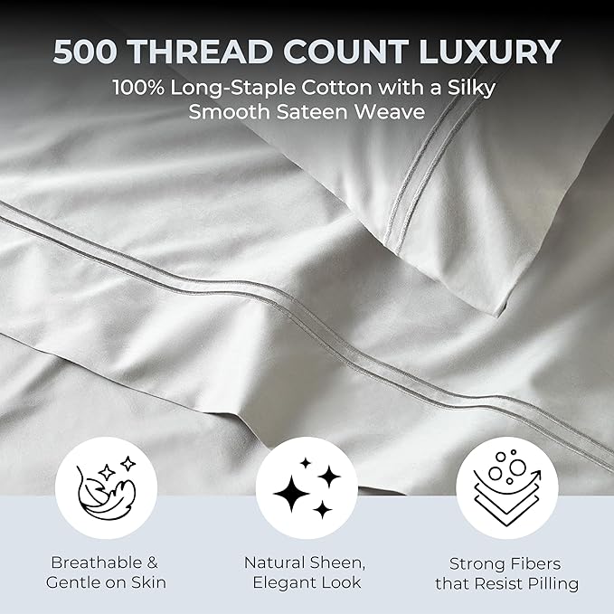 100% Natural Cotton Bed Sheets | 500 TC Single-Ply Sateen Weave King Size Sheets Set | Breathable & Hypoallergenic Solid 4-Piece Bedding with Deep Pocket Fitted, Flat, Pillowcase | Grey