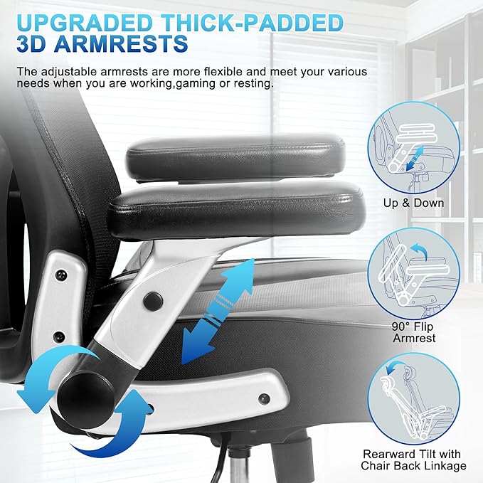 Big and Tall Office Chair 600lbs- Heavy Duty Executive Computer Chair with Rubber Wheels 3D Flip Arms, Ergonomic Mesh High Back Desk Chair, Extra Wide Seat Adjustable Lumbar Support & Headrest