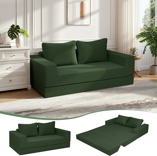 COMAX Convertible Sofa Bed Queen, Corduroy Folding Floor Couch Pull Out Couch Bed Futon Sleeper with Pillows, Fold Out Boneless Sofa Comfy Lounge Mattress Loveseat for Living Room Bedroom, Green