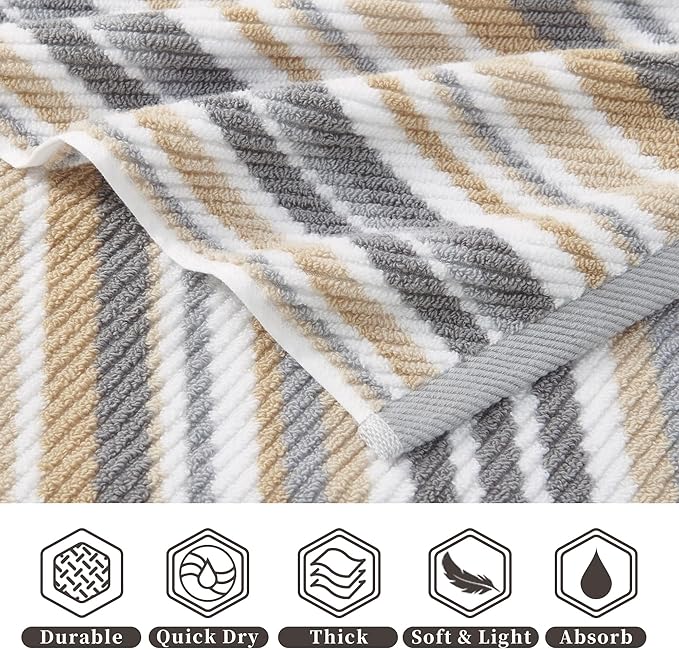 VOOVA & MOVAS Cotton Washcloths Set of 6, 6PC Striped Wash Cloths - 100% Cotton & Quick Dry - Lightweight Washcloth 13"x13", Soft Wash Cloths Set for Guest, Luxury Towel Gift, Gray + Beige