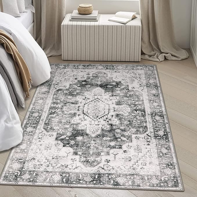 Moynesa Ultra-Thin Washable Area Rug - 4x6 Grey Living Room Rug Oriental Entryway Mat, Non Slip Non Shedding Pet Friendly Bedroom Carpet for Apartment Office Entrance Kitchen