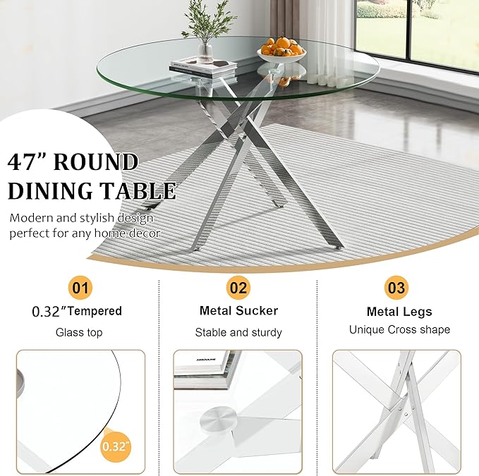 Goujxcy Round Dining Table Set for 6, Modern Glass Kitchen Table and Chairs Set of 6, 7 Piece Dining Room Table Set with 47" Circle Silver Metal Glass Dinner Table and 6 Grey Leather Dining Chairs