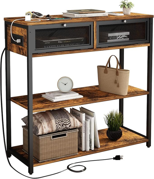 SOOWERY Console Table with Charging Station, 32'' Entryway Table with Doors, Sofa Table Narrow Long with 3 Tiers Open Wood Storage Shelves, for Living Room, Entryway, Foyer, Rustic Brown