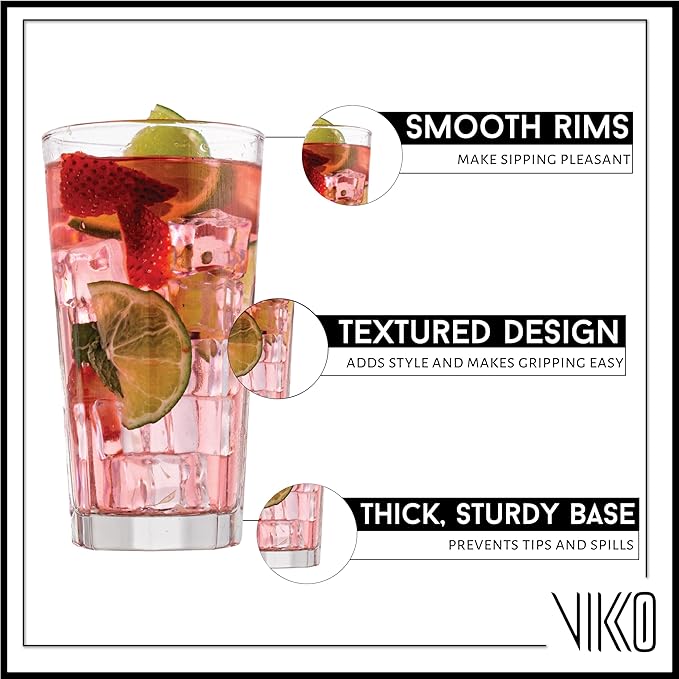 Vikko Drinking Glasses, 11 Ounce Glass Cups, Durable Glasses Drinking Set of 6, Tall Water Glasses, Stackable Highball Glasses, Heavy Base Tumblers & Water Glasses, Dishwasher Safe Cups