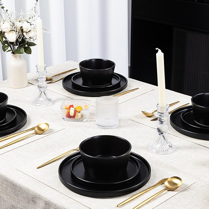 Dinnerware Sets for 4 - CJDC-QUELO 12-Piece Stoneware Plates and Bowls Sets, Ceramic Dishware Sets for Kitchen Use and Formal Dining, Chip and Scratch Resistant Microwave Dishwasher Safe, Black