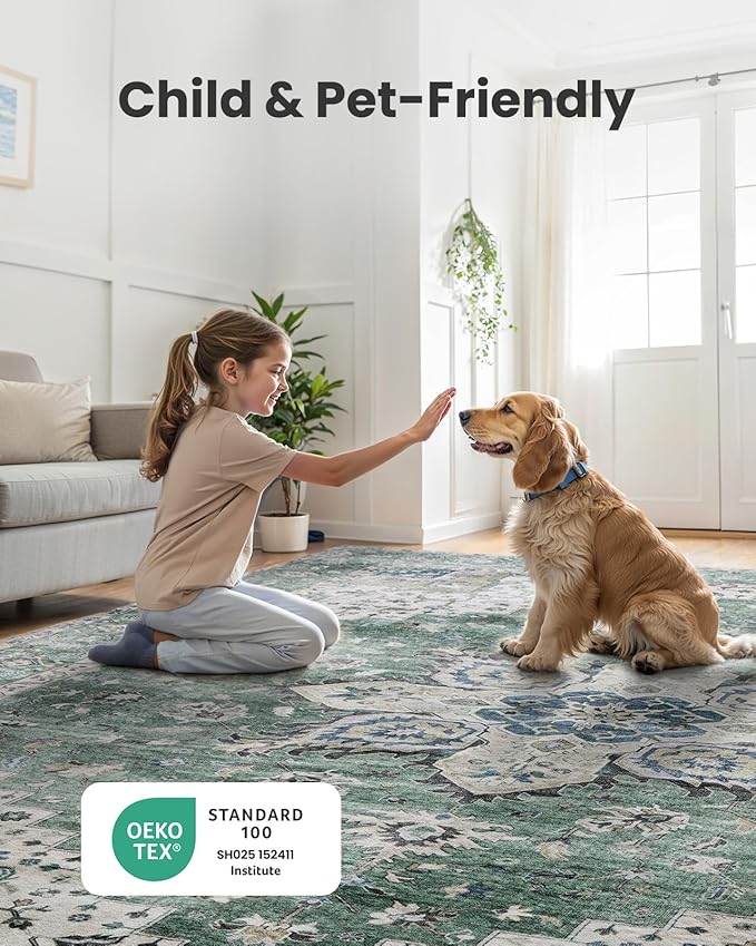 AMADA HOMEFURNISHING 6x9 Area Rug, Washable Low-Profile Large Area Rug with Non-Slip Backing & Durable Edge Binding, Vintage Large Rugs for Living Room, Bedroom