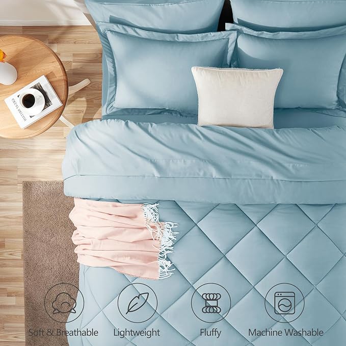 CozyLux Queen Comforter Set Light Blue - Bed in a Bag Queen Size 7 Pieces, Luxury Soft Bed Set for All Seasons, Bedding Set with Down Alternative Comforter, Sheets, Pillowcases & Shams