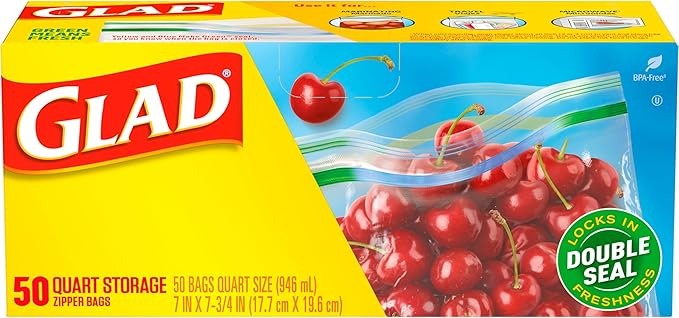 Glad Zipper Food Storage Plastic Bags, Quart, 50 Count (Package May Vary)